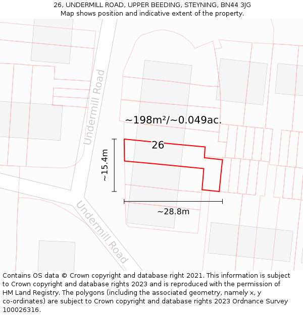 26, UNDERMILL ROAD, UPPER BEEDING, STEYNING, BN44 3JG: Plot and title map