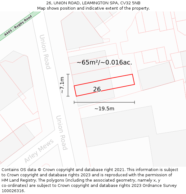 26, UNION ROAD, LEAMINGTON SPA, CV32 5NB: Plot and title map