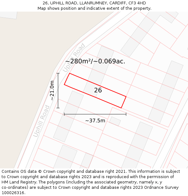 26, UPHILL ROAD, LLANRUMNEY, CARDIFF, CF3 4HD: Plot and title map