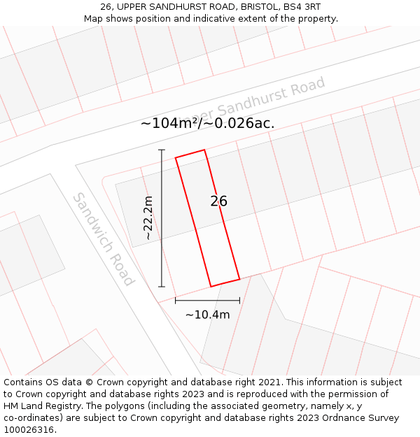 26, UPPER SANDHURST ROAD, BRISTOL, BS4 3RT: Plot and title map