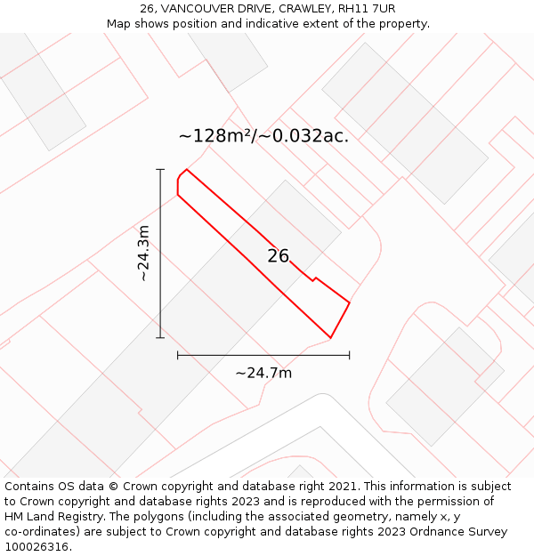26, VANCOUVER DRIVE, CRAWLEY, RH11 7UR: Plot and title map