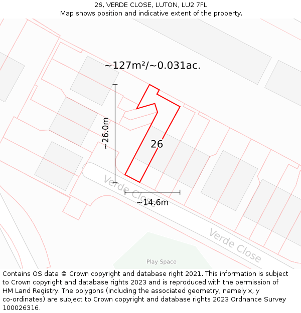 26, VERDE CLOSE, LUTON, LU2 7FL: Plot and title map