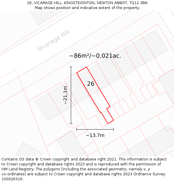 26, VICARAGE HILL, KINGSTEIGNTON, NEWTON ABBOT, TQ12 3BA: Plot and title map