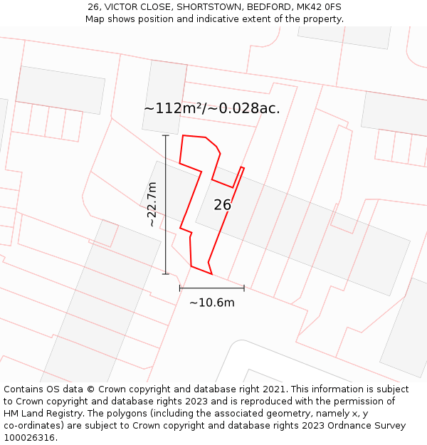 26, VICTOR CLOSE, SHORTSTOWN, BEDFORD, MK42 0FS: Plot and title map