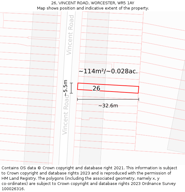 26, VINCENT ROAD, WORCESTER, WR5 1AY: Plot and title map