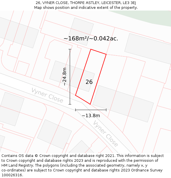 26, VYNER CLOSE, THORPE ASTLEY, LEICESTER, LE3 3EJ: Plot and title map