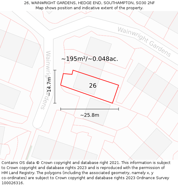 26, WAINWRIGHT GARDENS, HEDGE END, SOUTHAMPTON, SO30 2NF: Plot and title map