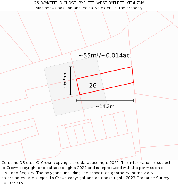 26, WAKEFIELD CLOSE, BYFLEET, WEST BYFLEET, KT14 7NA: Plot and title map