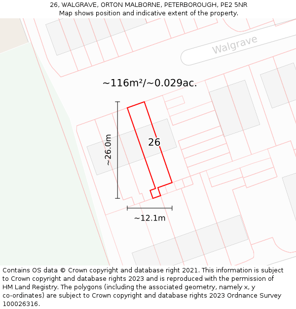 26, WALGRAVE, ORTON MALBORNE, PETERBOROUGH, PE2 5NR: Plot and title map