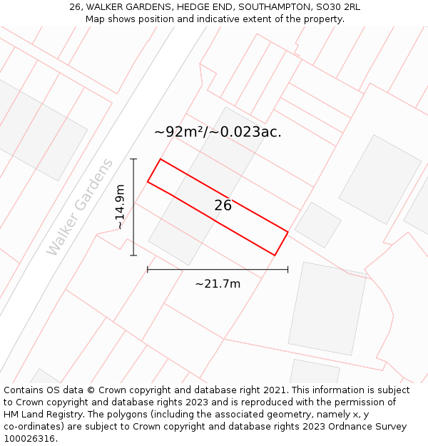 26, WALKER GARDENS, HEDGE END, SOUTHAMPTON, SO30 2RL: Plot and title map