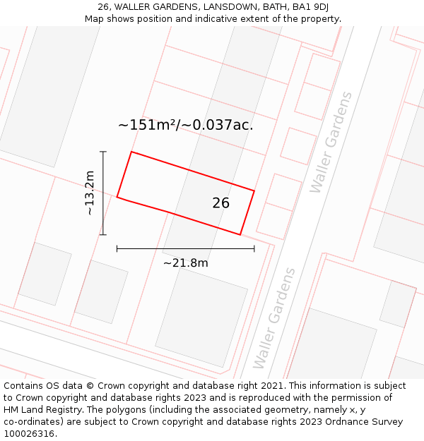 26, WALLER GARDENS, LANSDOWN, BATH, BA1 9DJ: Plot and title map
