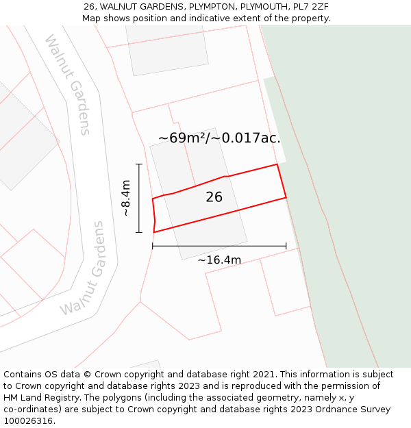 26, WALNUT GARDENS, PLYMPTON, PLYMOUTH, PL7 2ZF: Plot and title map