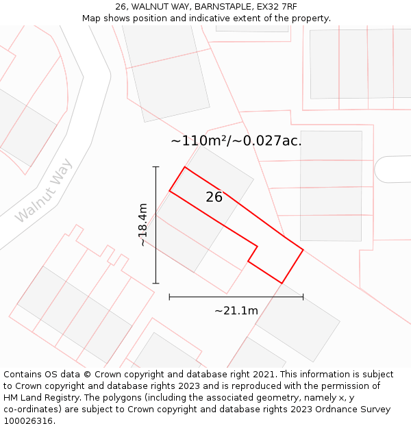 26, WALNUT WAY, BARNSTAPLE, EX32 7RF: Plot and title map