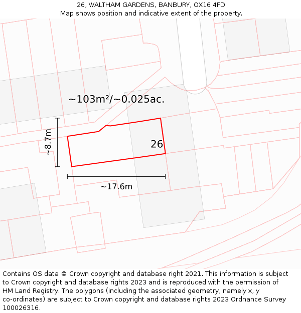 26, WALTHAM GARDENS, BANBURY, OX16 4FD: Plot and title map