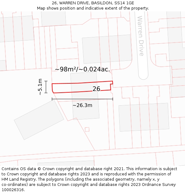 26, WARREN DRIVE, BASILDON, SS14 1GE: Plot and title map