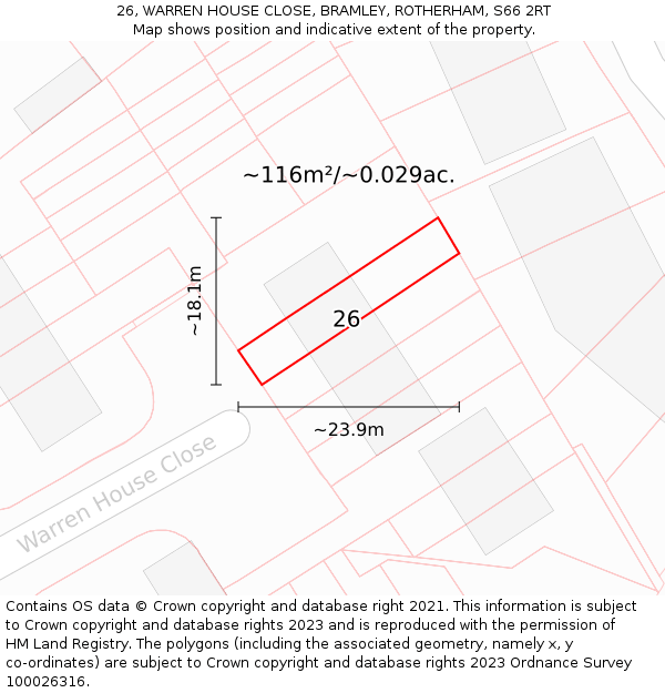 26, WARREN HOUSE CLOSE, BRAMLEY, ROTHERHAM, S66 2RT: Plot and title map