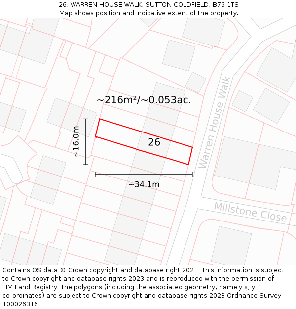 26, WARREN HOUSE WALK, SUTTON COLDFIELD, B76 1TS: Plot and title map