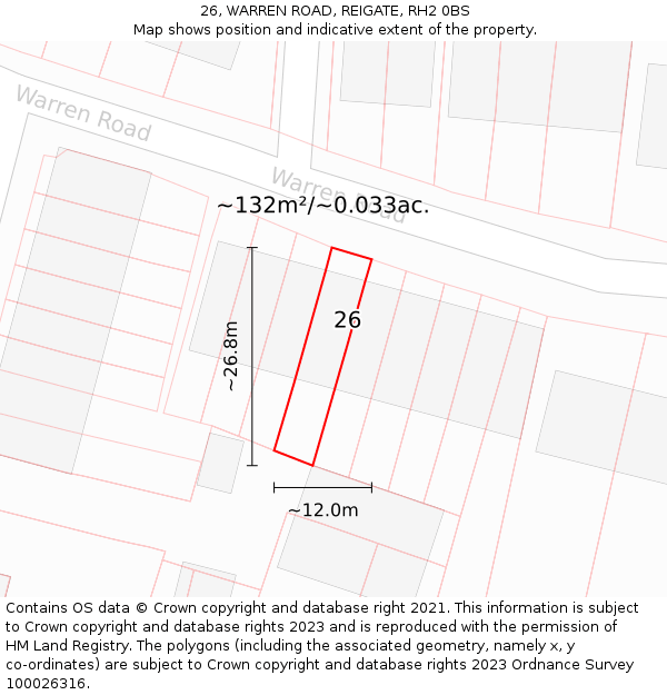 26, WARREN ROAD, REIGATE, RH2 0BS: Plot and title map