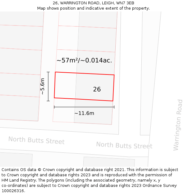 26, WARRINGTON ROAD, LEIGH, WN7 3EB: Plot and title map
