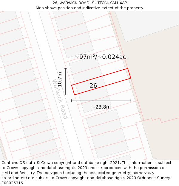 26, WARWICK ROAD, SUTTON, SM1 4AP: Plot and title map