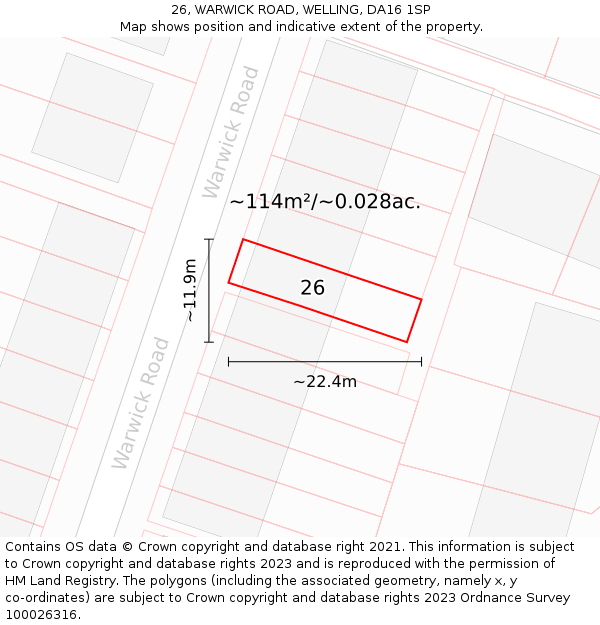 26, WARWICK ROAD, WELLING, DA16 1SP: Plot and title map