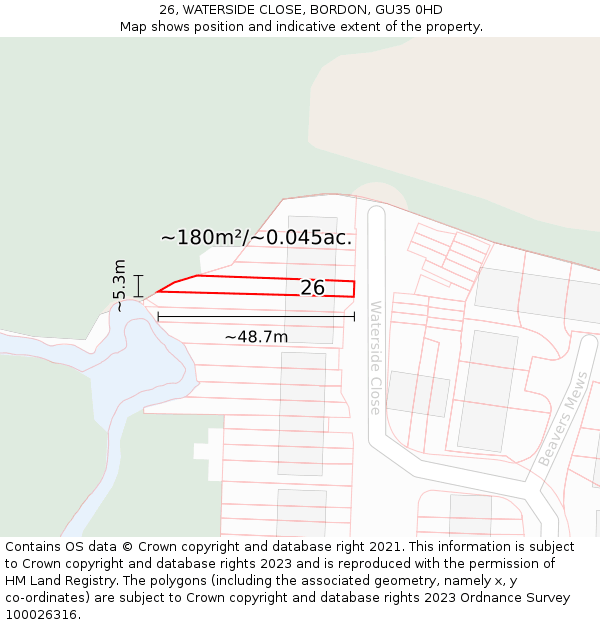 26, WATERSIDE CLOSE, BORDON, GU35 0HD: Plot and title map