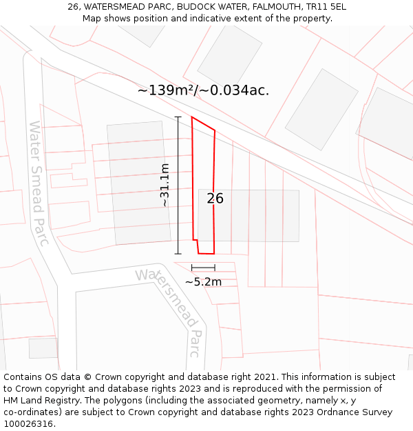 26, WATERSMEAD PARC, BUDOCK WATER, FALMOUTH, TR11 5EL: Plot and title map