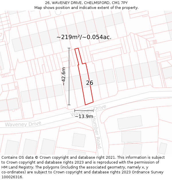 26, WAVENEY DRIVE, CHELMSFORD, CM1 7PY: Plot and title map