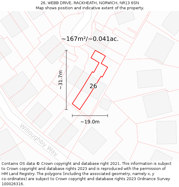 26, WEBB DRIVE, RACKHEATH, NORWICH, NR13 6SN: Plot and title map