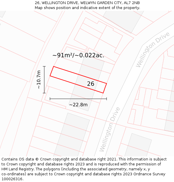 26, WELLINGTON DRIVE, WELWYN GARDEN CITY, AL7 2NB: Plot and title map