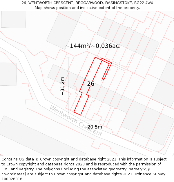 26, WENTWORTH CRESCENT, BEGGARWOOD, BASINGSTOKE, RG22 4WX: Plot and title map