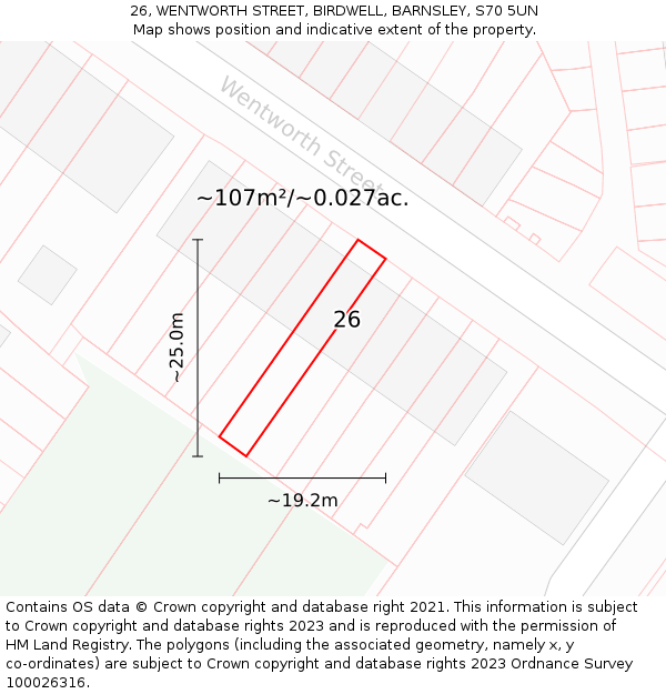 26, WENTWORTH STREET, BIRDWELL, BARNSLEY, S70 5UN: Plot and title map