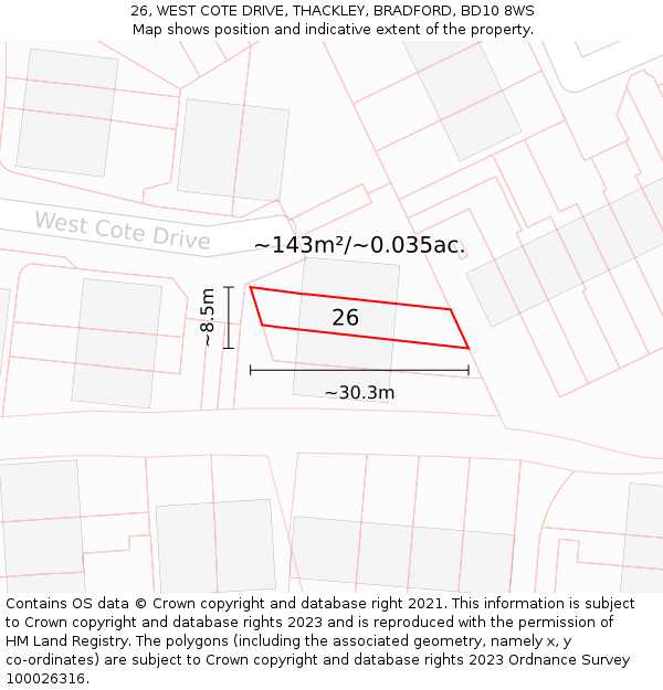 26, WEST COTE DRIVE, THACKLEY, BRADFORD, BD10 8WS: Plot and title map