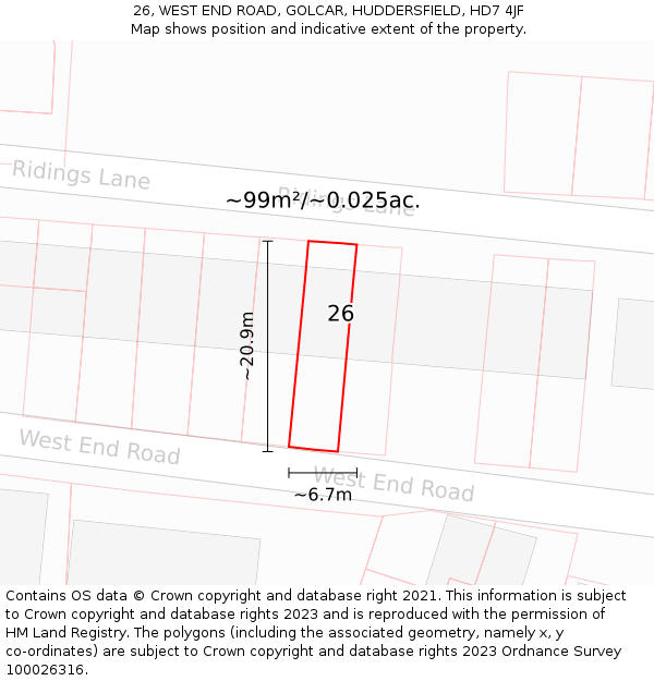 26, WEST END ROAD, GOLCAR, HUDDERSFIELD, HD7 4JF: Plot and title map