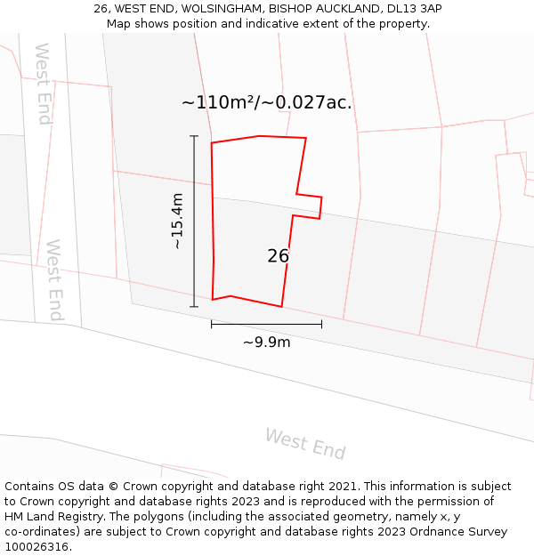 26, WEST END, WOLSINGHAM, BISHOP AUCKLAND, DL13 3AP: Plot and title map