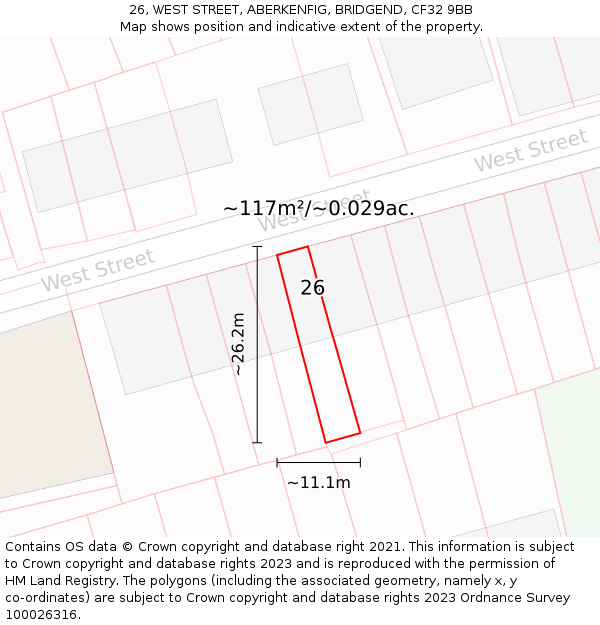 26, WEST STREET, ABERKENFIG, BRIDGEND, CF32 9BB: Plot and title map