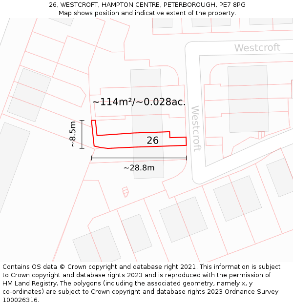 26, WESTCROFT, HAMPTON CENTRE, PETERBOROUGH, PE7 8PG: Plot and title map