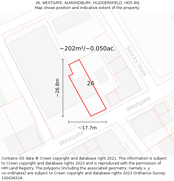 26, WESTGATE, ALMONDBURY, HUDDERSFIELD, HD5 8XJ: Plot and title map