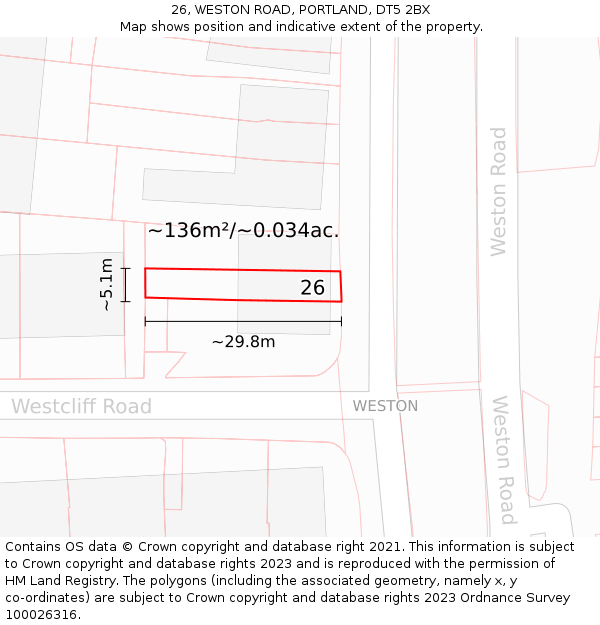 26, WESTON ROAD, PORTLAND, DT5 2BX: Plot and title map