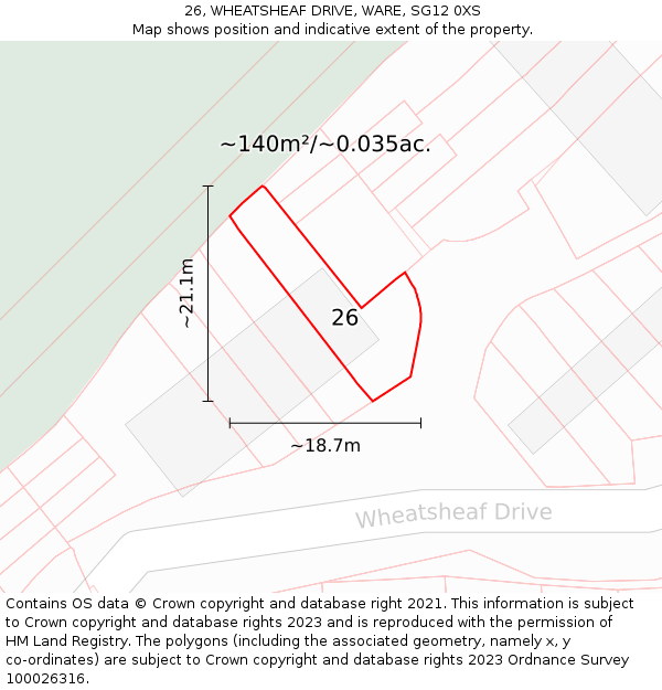 26, WHEATSHEAF DRIVE, WARE, SG12 0XS: Plot and title map