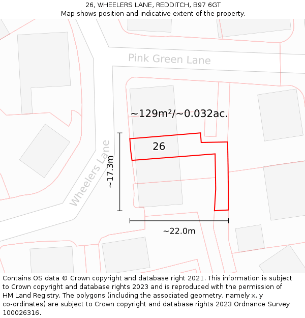 26, WHEELERS LANE, REDDITCH, B97 6GT: Plot and title map