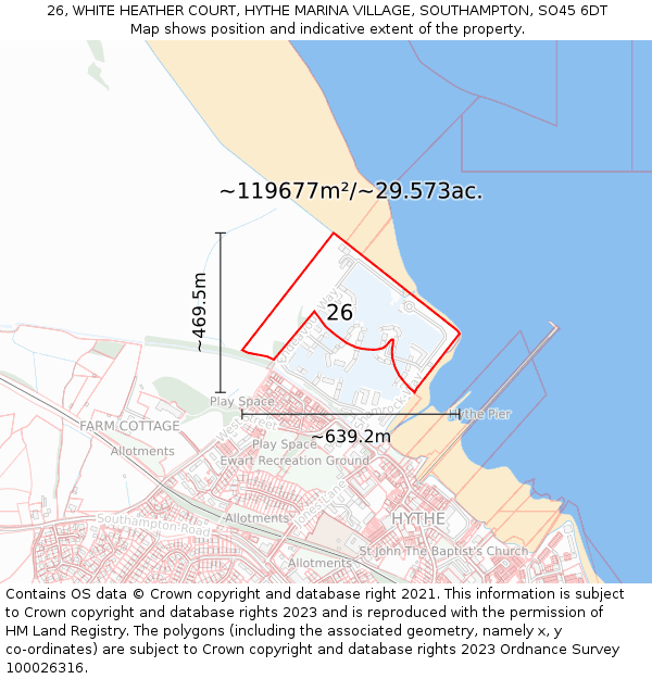 26, WHITE HEATHER COURT, HYTHE MARINA VILLAGE, SOUTHAMPTON, SO45 6DT: Plot and title map