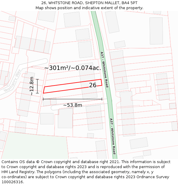 26, WHITSTONE ROAD, SHEPTON MALLET, BA4 5PT: Plot and title map