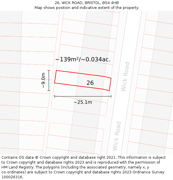 26, WICK ROAD, BRISTOL, BS4 4HB: Plot and title map