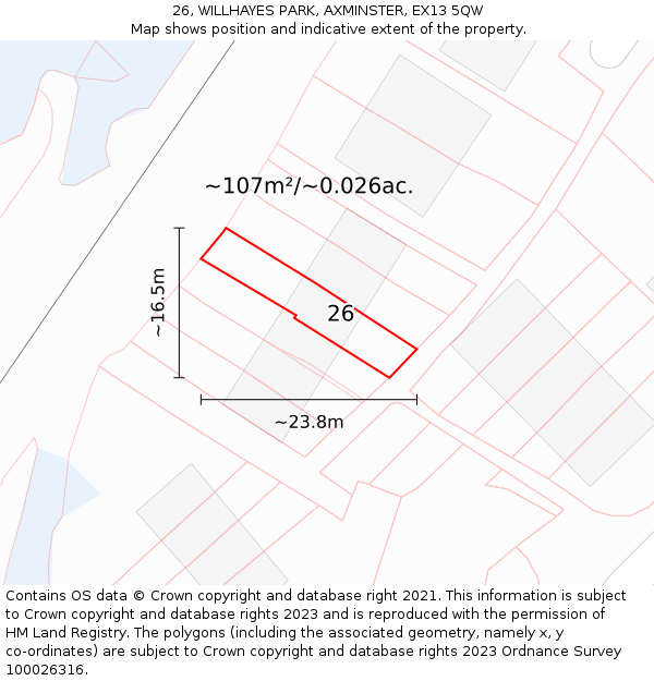 26, WILLHAYES PARK, AXMINSTER, EX13 5QW: Plot and title map