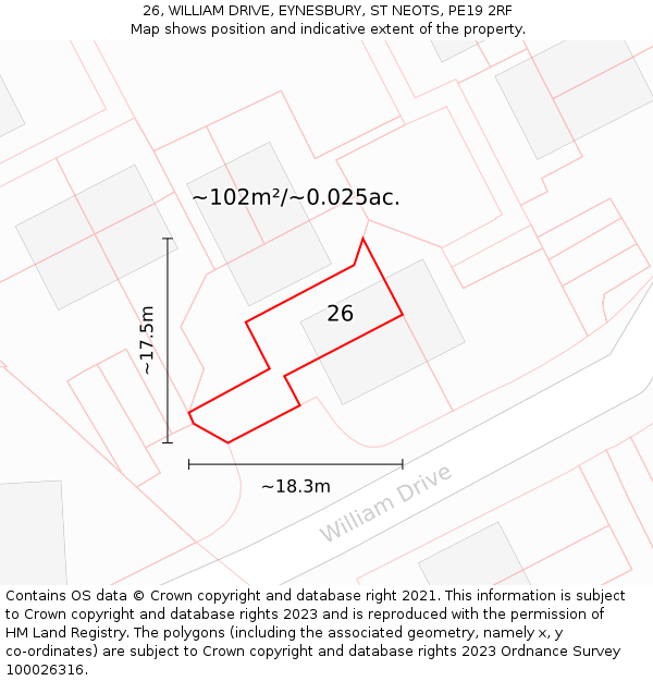 26, WILLIAM DRIVE, EYNESBURY, ST NEOTS, PE19 2RF: Plot and title map