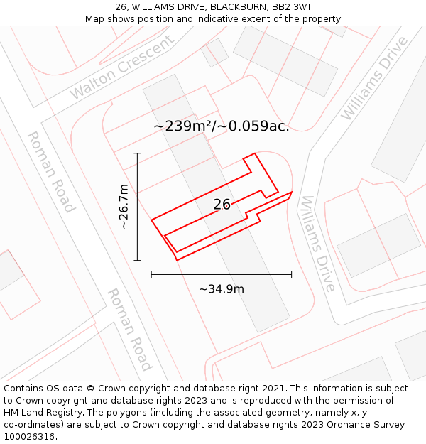 26, WILLIAMS DRIVE, BLACKBURN, BB2 3WT: Plot and title map
