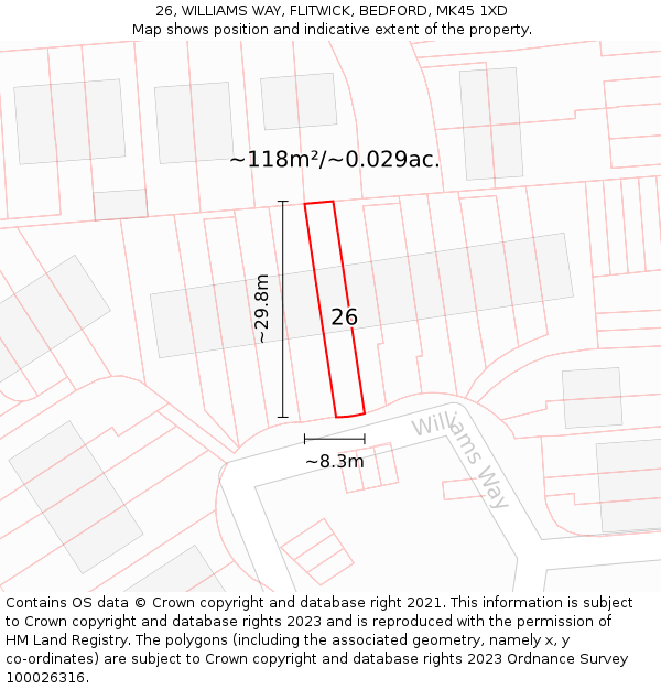 26, WILLIAMS WAY, FLITWICK, BEDFORD, MK45 1XD: Plot and title map