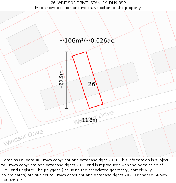 26, WINDSOR DRIVE, STANLEY, DH9 8SP: Plot and title map
