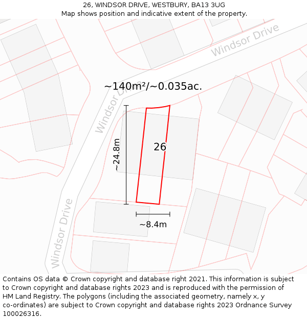 26, WINDSOR DRIVE, WESTBURY, BA13 3UG: Plot and title map